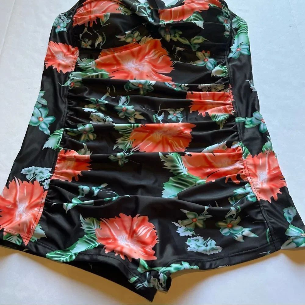Coco Reef Women's One Piece Swim Suit Black/Green/Orange Floral Size 16
